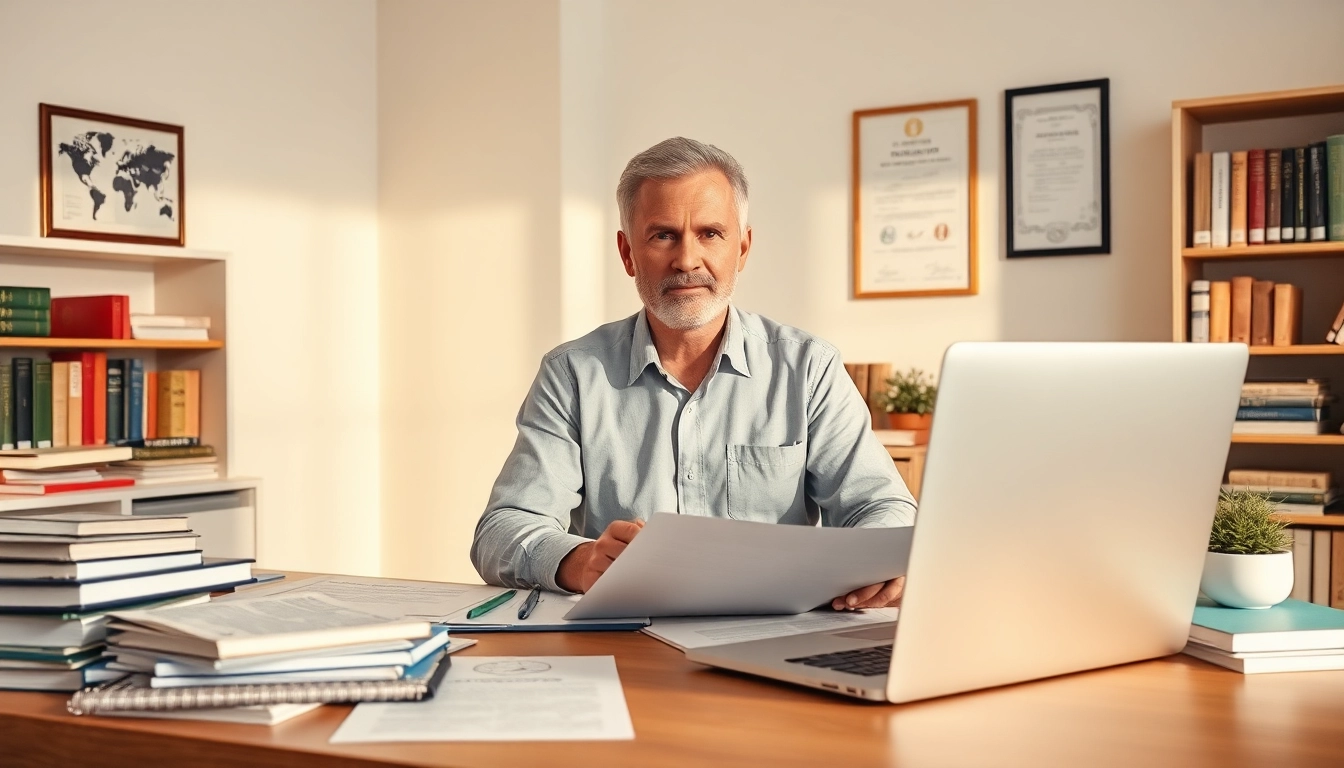 Eine professionelle Szene, in der ein vereidigter Übersetzer Dokumente in einem modernen Büro mit juristischen Arbeitsmitteln übersetzt.