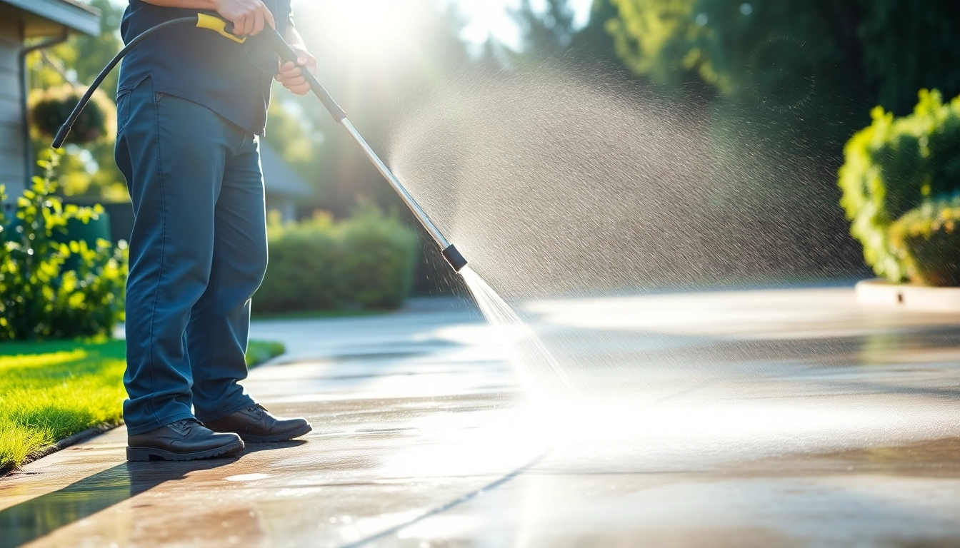 Driveway pressure wash in action, showcasing a technician restoring concrete surfaces.