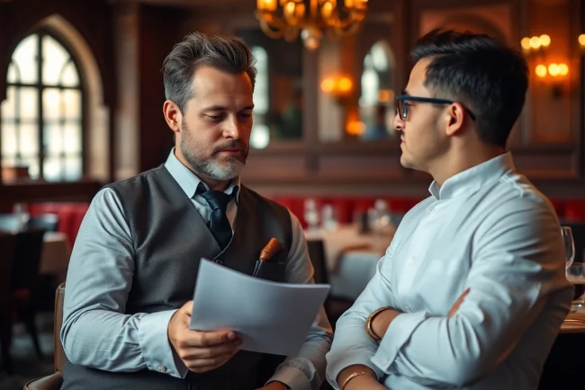 Headhunter Gastronomie engagiert in einem professionellen Gespräch mit einem Bewerber in einem eleganten Restaurant