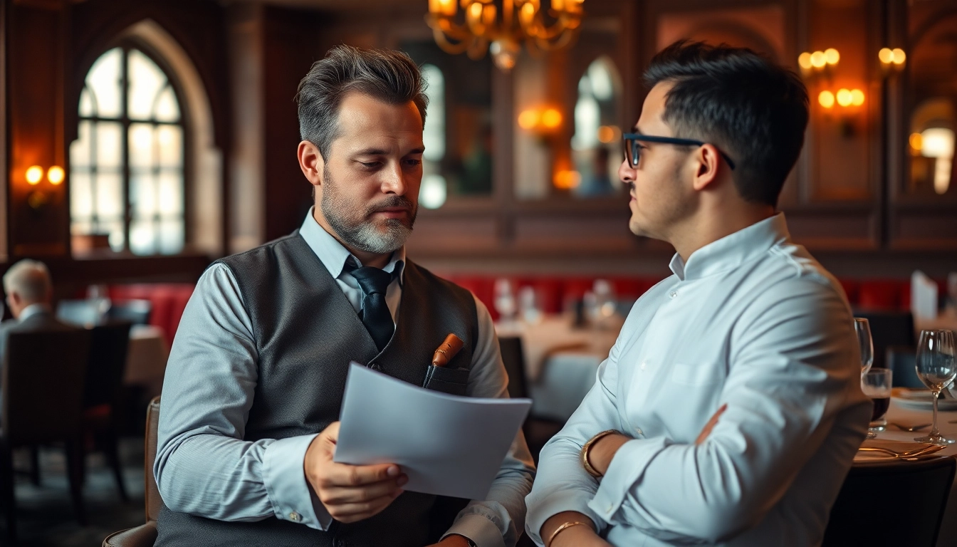 Headhunter Gastronomie engagiert in einem professionellen Gespräch mit einem Bewerber in einem eleganten Restaurant