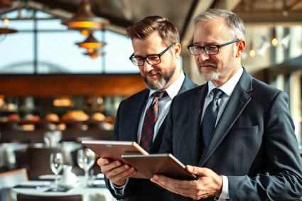 Headhunter Gastronomie prüft Kandidatenprofile in einem eleganten Restaurant.