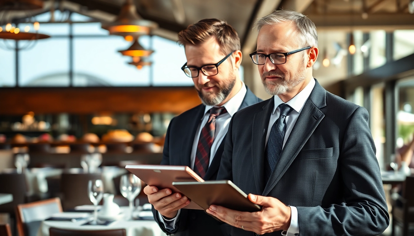 Headhunter Gastronomie prüft Kandidatenprofile in einem eleganten Restaurant.