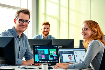 Entwickler arbeiten an Visual Studio 2022 Pro für Entwickler und Unternehmen in einem modernen Büro.