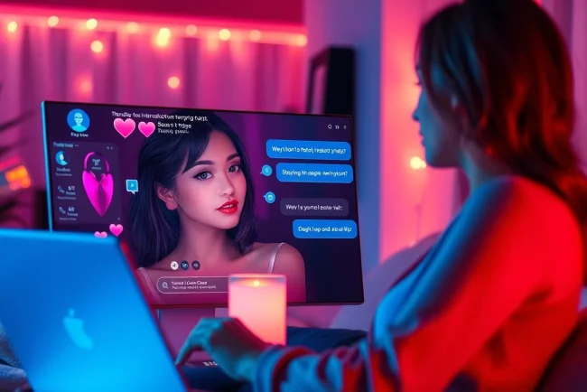 AI chat sex interaction with an engaging digital persona in a cozy virtual setting.