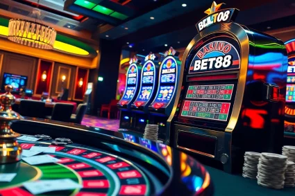 Experience the excitement of BET88 at a luxurious casino with vibrant slot machines and poker chips.