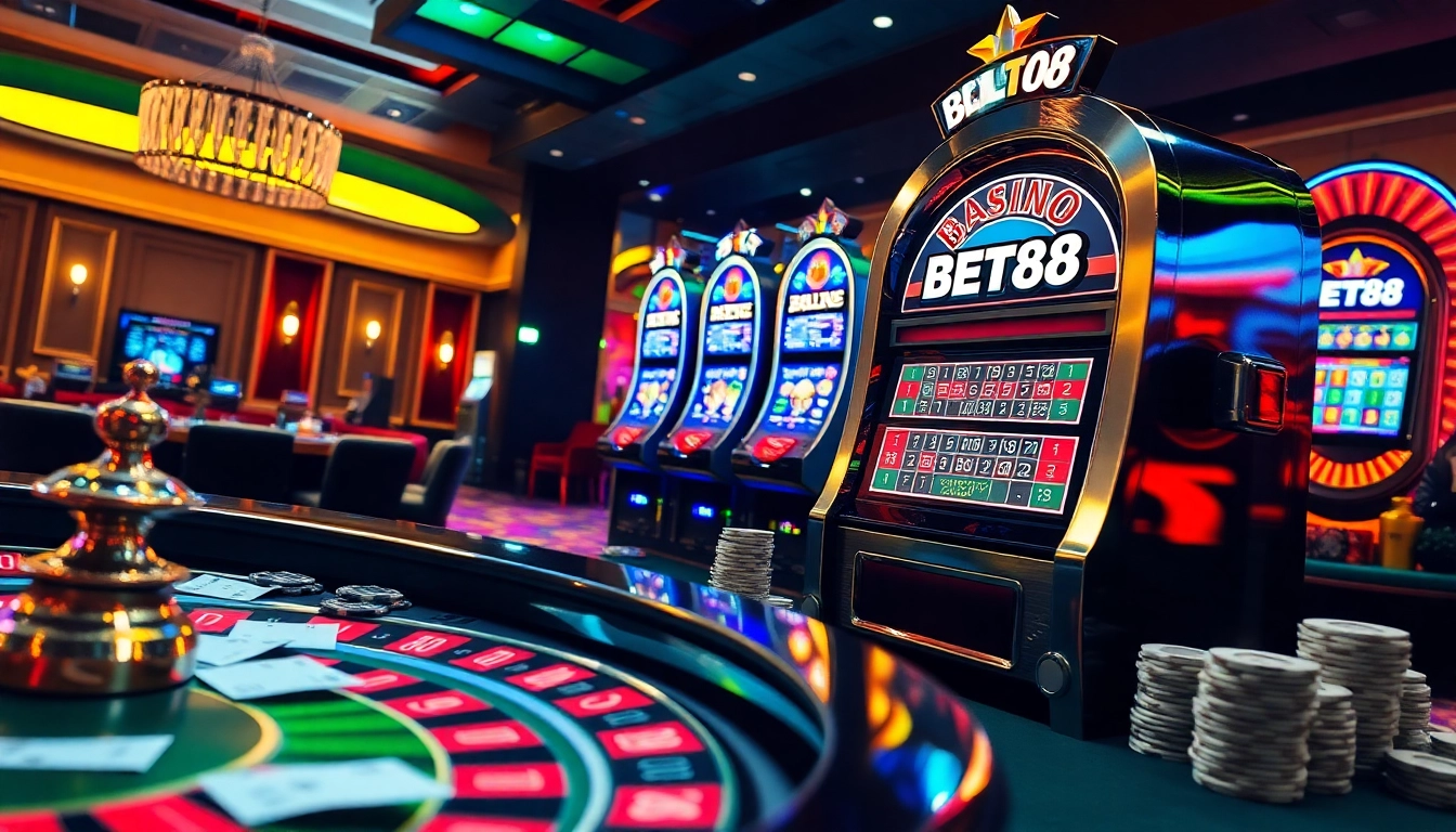Experience the excitement of BET88 at a luxurious casino with vibrant slot machines and poker chips.