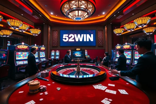 A dynamic casino gaming table scene reflecting the excitement of 52WIN with chips and cards scattered for high-stakes action.