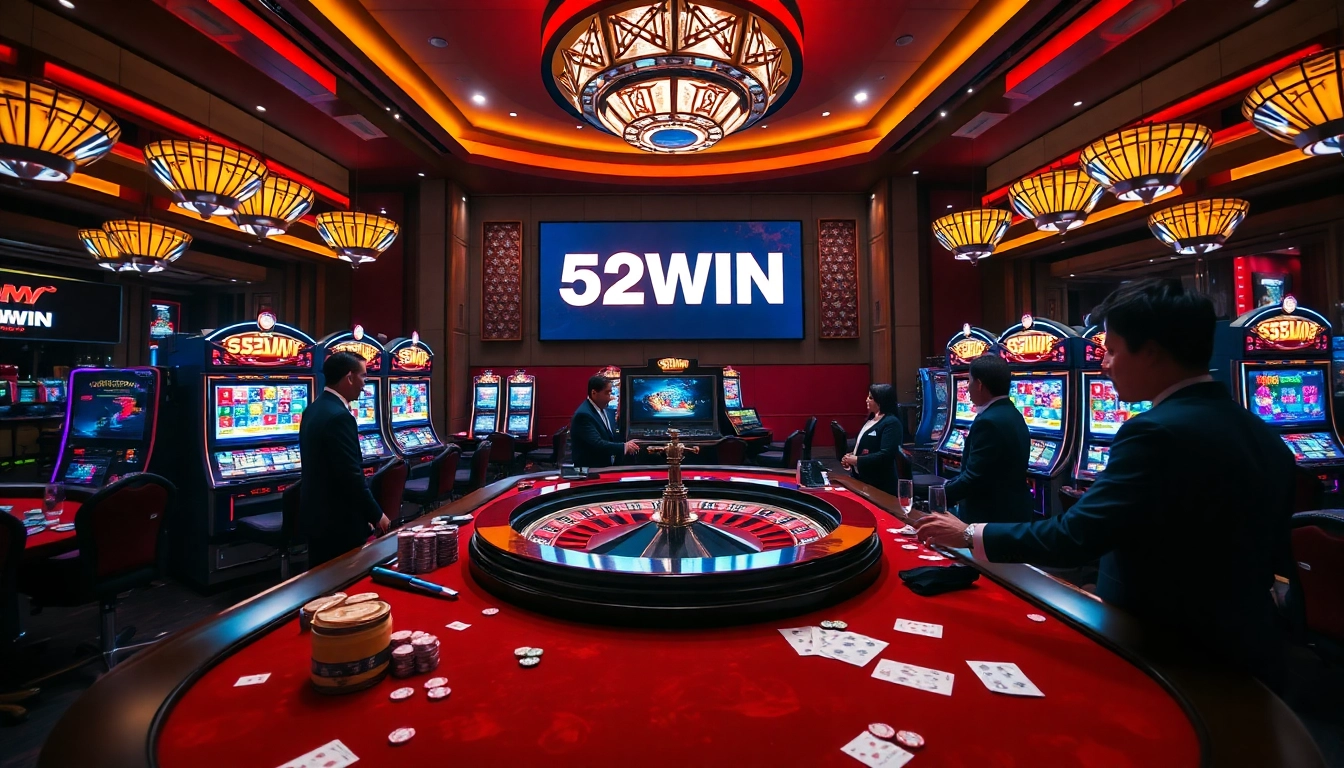 A dynamic casino gaming table scene reflecting the excitement of 52WIN with chips and cards scattered for high-stakes action.