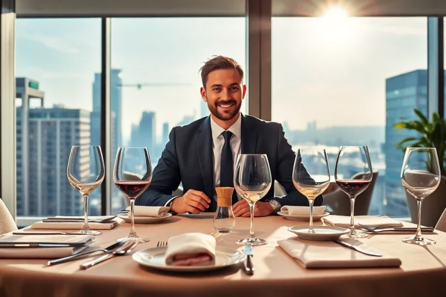 Headhunter Gastronomie bei der Arbeit in einem eleganten modern gestalteten Büro mit gastronomischen Elementen.