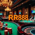 RR88 players engaging in dynamic casino games with vibrant casino elements and exciting atmosphere.