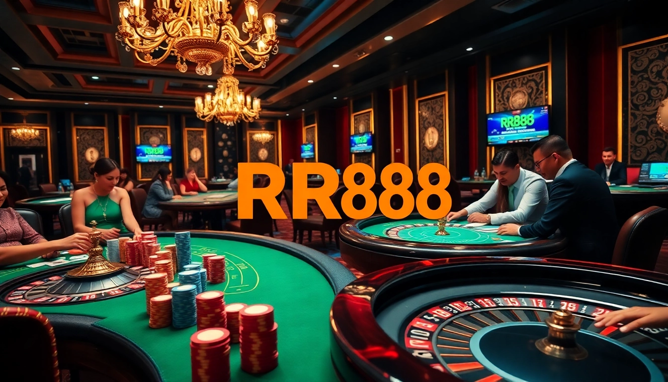 RR88 players engaging in dynamic casino games with vibrant casino elements and exciting atmosphere.