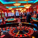 Engaging players at a roulette table and vibrant slot machines at https://f8bet.ventures/ illustrating excitement.