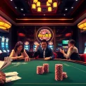 Players engage intensely at a poker table in mv88 casino, surrounded by vibrant slot machines and roulette wheels.