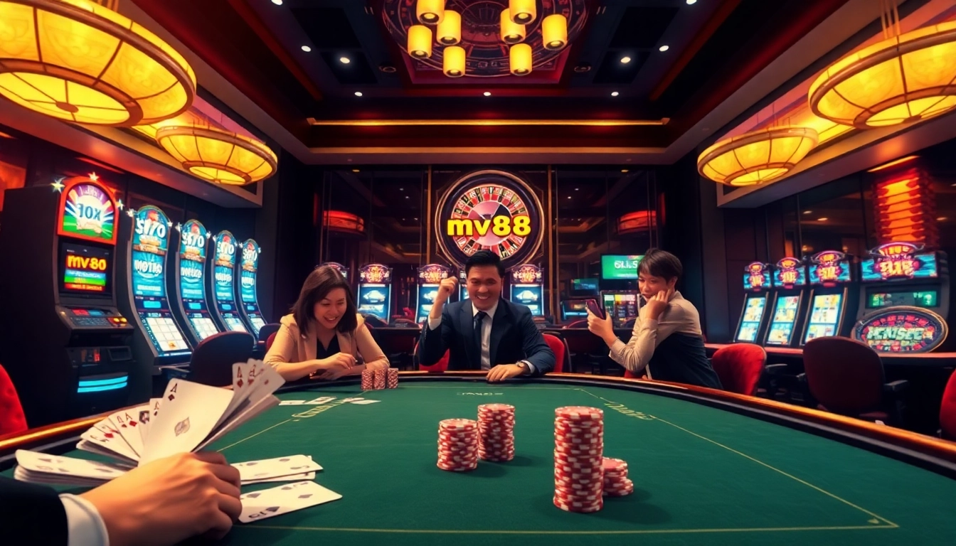 Players engage intensely at a poker table in mv88 casino, surrounded by vibrant slot machines and roulette wheels.