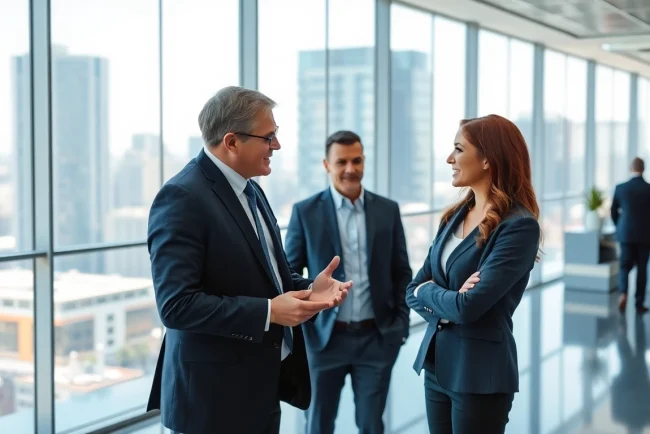 Headhunter Schweiz im Gespräch mit einem Kandidaten in modernem Büro, umgeben von einer professionellen Atmosphäre.
