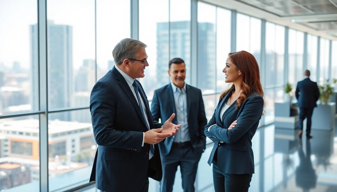 Headhunter Schweiz im Gespräch mit einem Kandidaten in modernem Büro, umgeben von einer professionellen Atmosphäre.