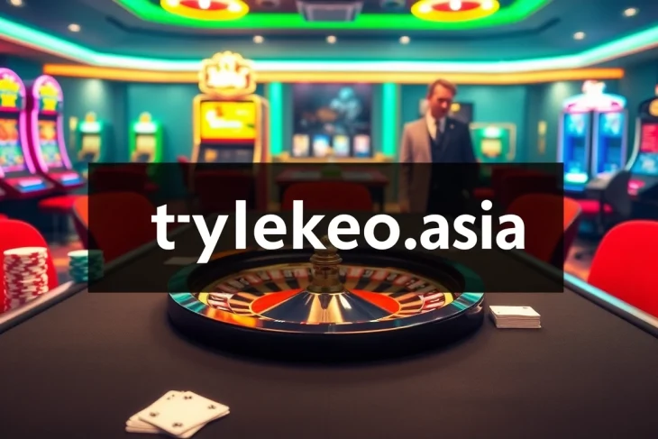 Exciting casino scene featuring poker chips and a roulette wheel, showcasing tylekeo.asia.