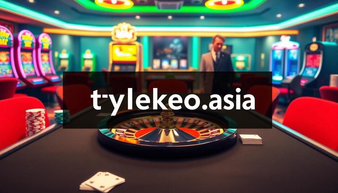 Exciting casino scene featuring poker chips and a roulette wheel, showcasing tylekeo.asia.