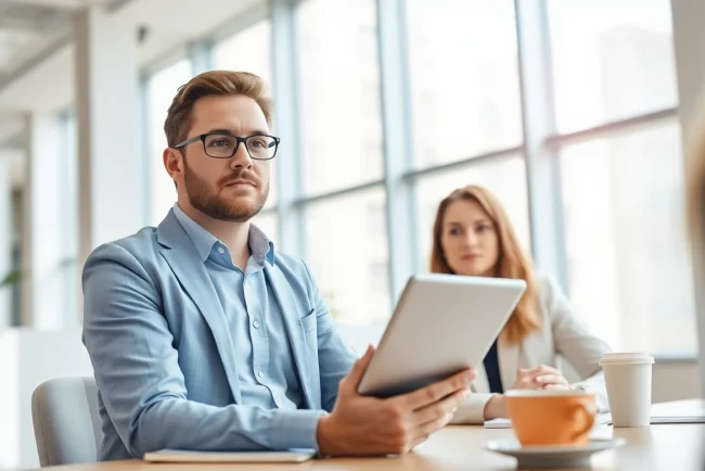 Headhunter Schweiz führt ein Bewerbungsgespräch in einem modernen Büro.