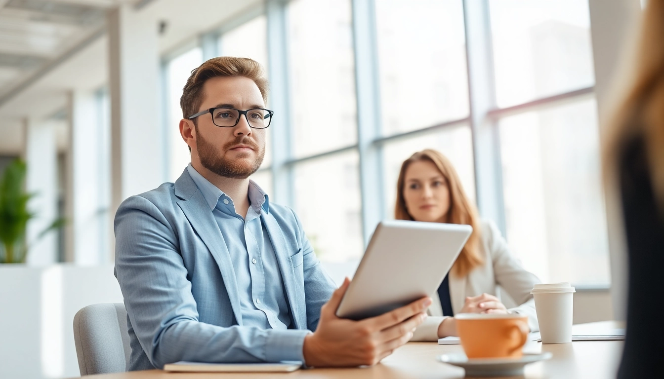 Headhunter Schweiz führt ein Bewerbungsgespräch in einem modernen Büro.