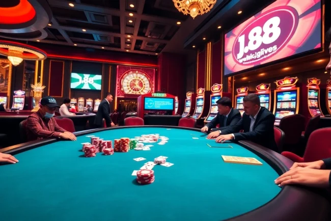 Join the action at https://j88.gives/ with a glamorous poker table featuring colorful chips and cards.