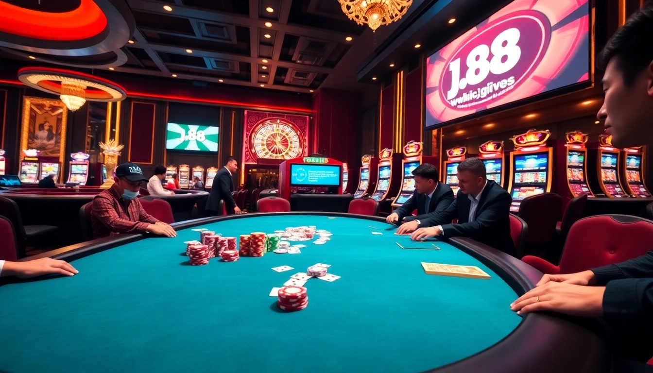 Join the action at https://j88.gives/ with a glamorous poker table featuring colorful chips and cards.