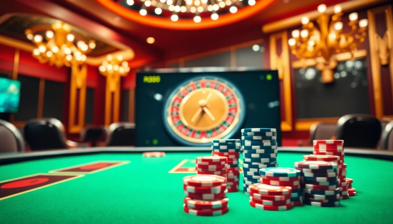 Experience the excitement of RR88 casino with vibrant poker chips and a luxurious roulette wheel.