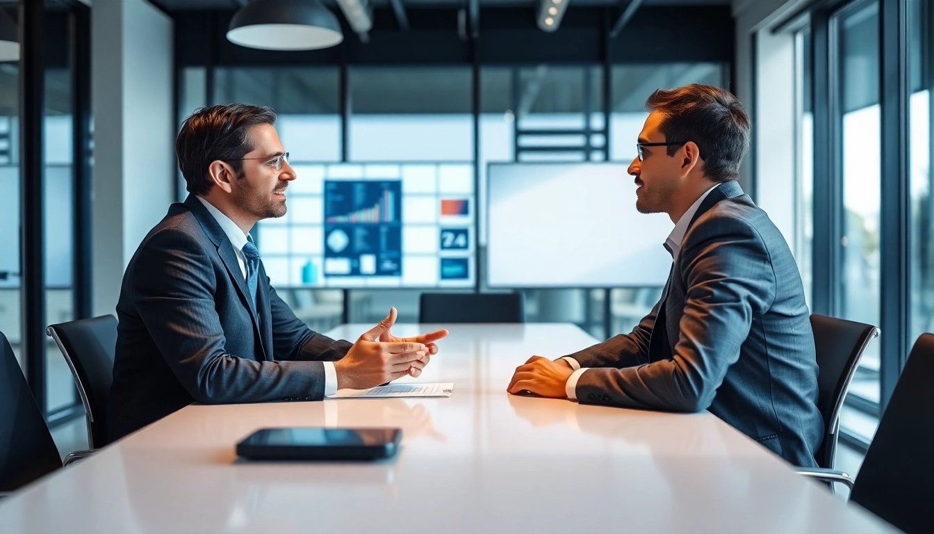 Headhunter IT bespricht Karrieremöglichkeiten in einer modernen Büroumgebung.