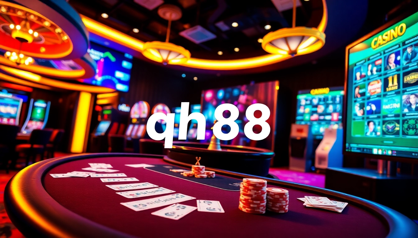 Players engaging in thrilling online gambling at qh88 casino with poker and roulette tables.