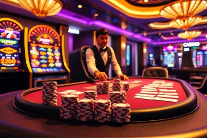 Players enjoying thrilling games at https://x88casino.net/ with poker chips and vibrant slot machines.