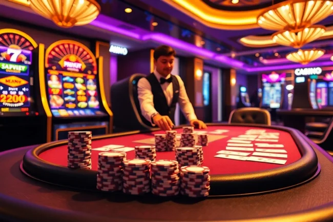 Players enjoying thrilling games at https://x88casino.net/ with poker chips and vibrant slot machines.