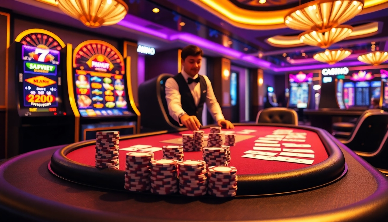 Players enjoying thrilling games at https://x88casino.net/ with poker chips and vibrant slot machines.