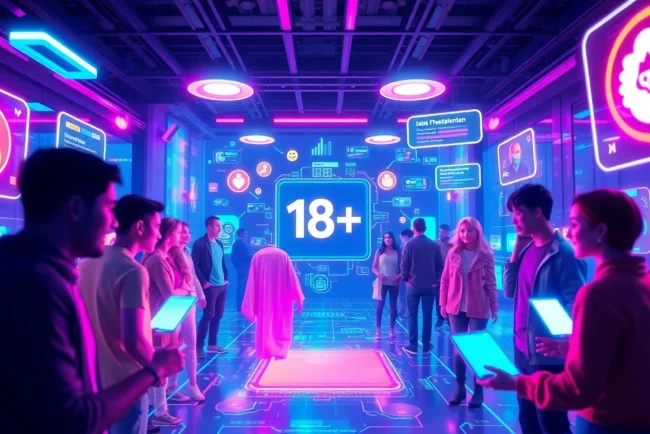 Dynamic digital social scene showcasing avatars in an adult-friendly 18+ ai environment.