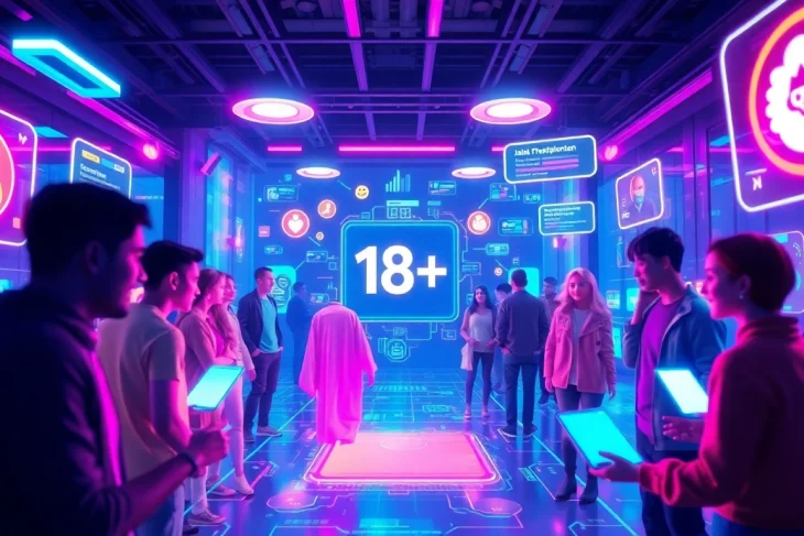 Dynamic digital social scene showcasing avatars in an adult-friendly 18+ ai environment.