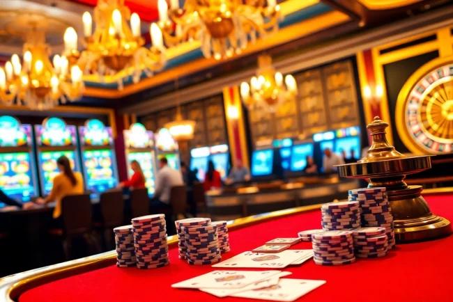 A dynamic scene showcasing 88i nhà cái's exciting casino experience with poker chips, cards, and slot machines.