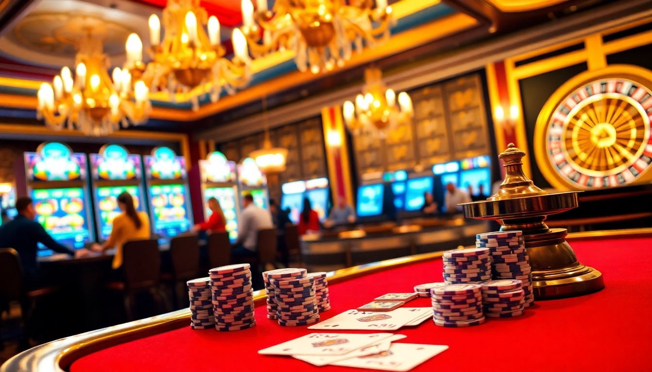 A dynamic scene showcasing 88i nhà cái's exciting casino experience with poker chips, cards, and slot machines.