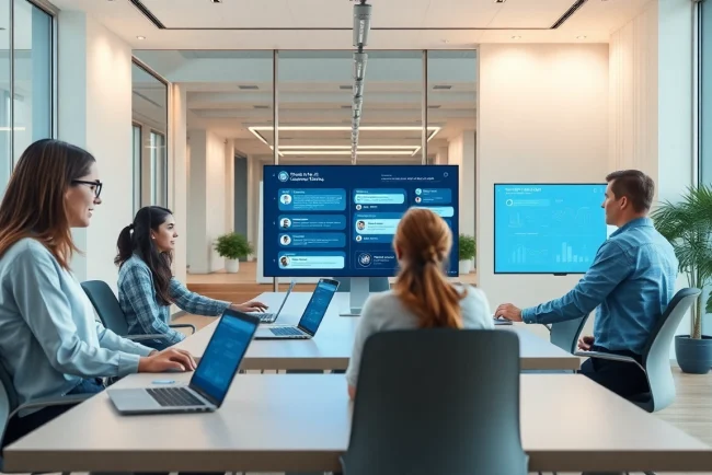 专业团队在现代办公室使用美洽 AI 客服平台。