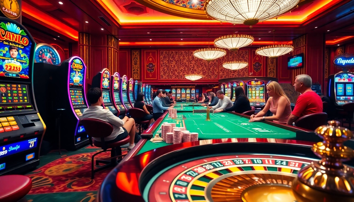 Excited players enjoying various games at 789club casino, featuring vibrant slot machines and tables.