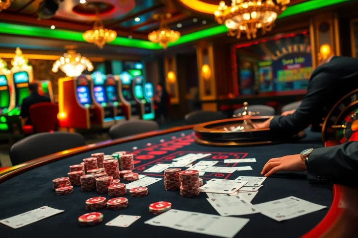 A thrilling scene of professional gamblers at a poker table with chips and elements of tylekeo.asia integrated