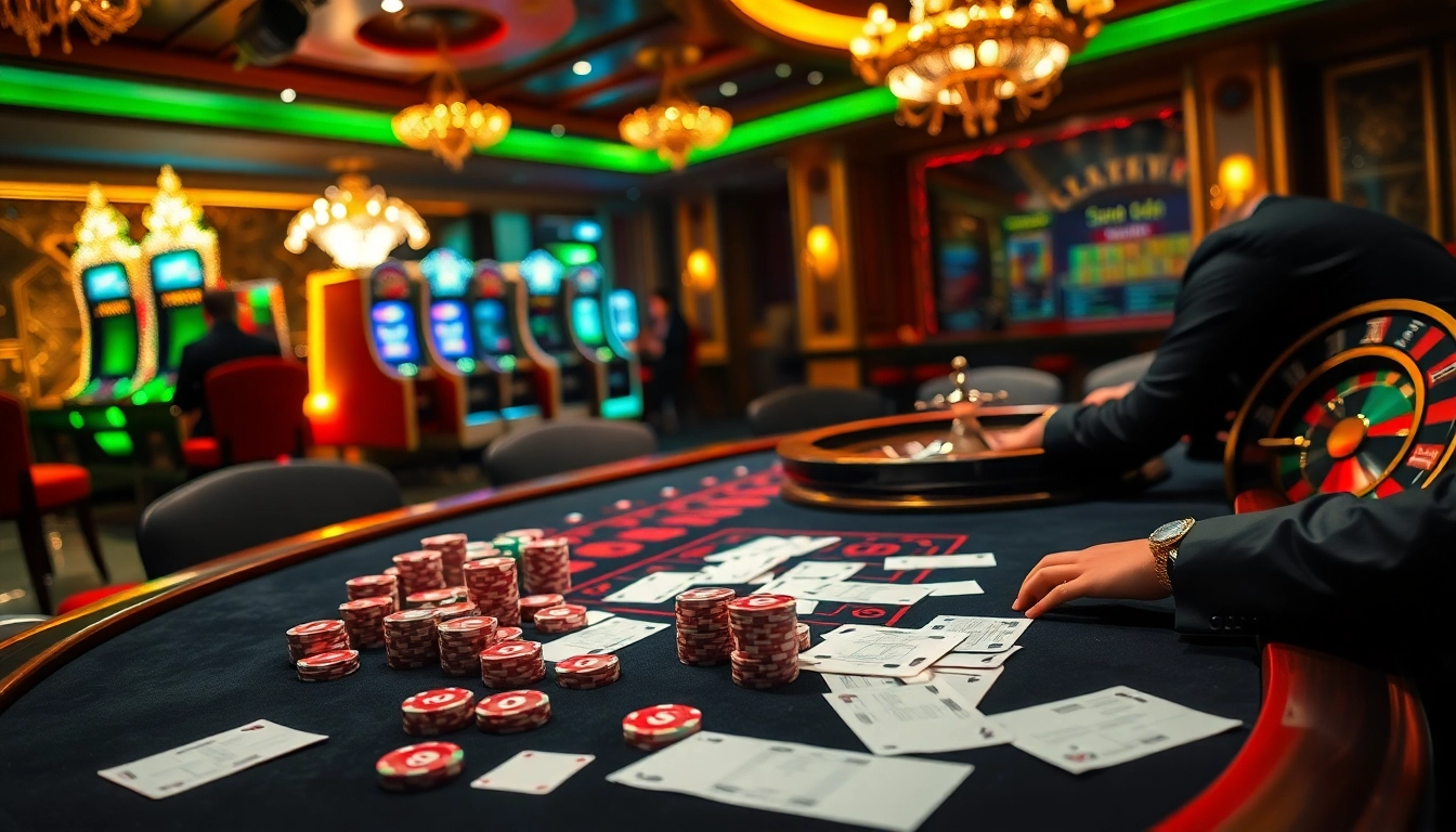 A thrilling scene of professional gamblers at a poker table with chips and elements of tylekeo.asia integrated