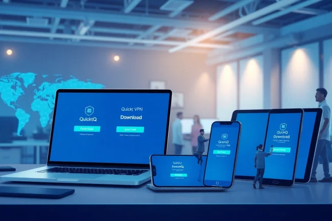 在现代设备上显示的 QuickQ 下载界面，展示安全的互联网访问。