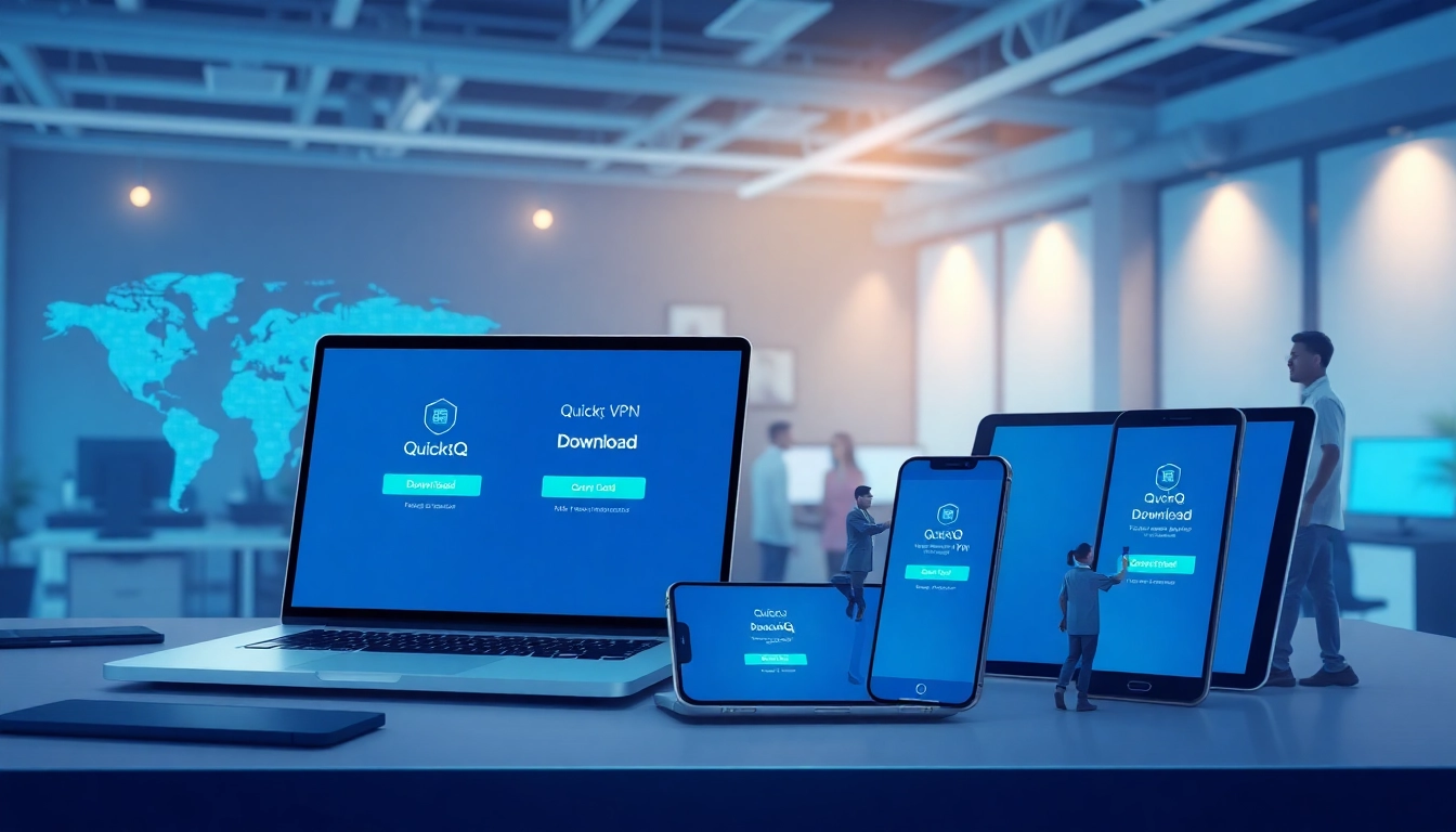 在现代设备上显示的 QuickQ 下载界面，展示安全的互联网访问。