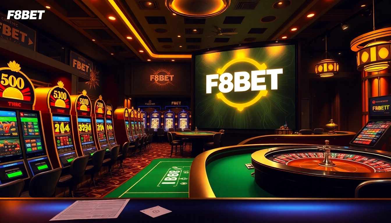 Experience the excitement of F8BET with a luxurious online casino interface showcasing games and betting.