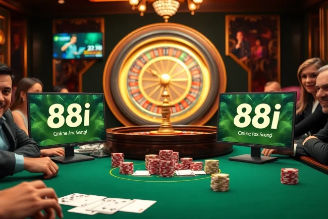Players enjoying a thrilling casino game with the link 88i prominently displayed on digital screens.