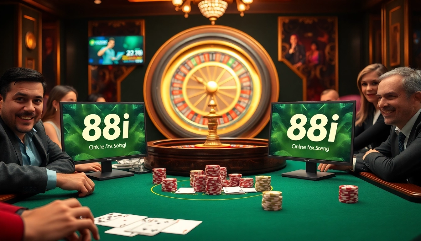 Players enjoying a thrilling casino game with the link 88i prominently displayed on digital screens.