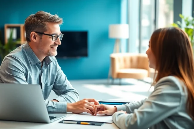 Headhunter IT in an office setting, engaging with a candidate during a recruitment conversation.