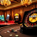 Players at a LUCK8 poker table enjoy a thrilling game under luxurious casino lighting.