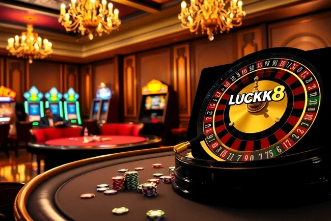 Players at a LUCK8 poker table enjoy a thrilling game under luxurious casino lighting.