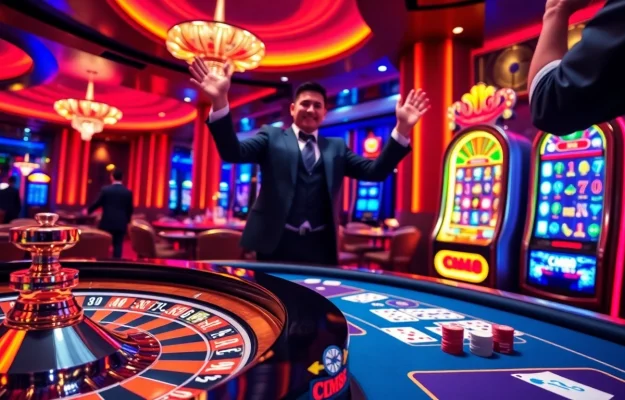 Exciting CM88 đăng nhập experience at a luxurious casino with vibrant gaming elements.