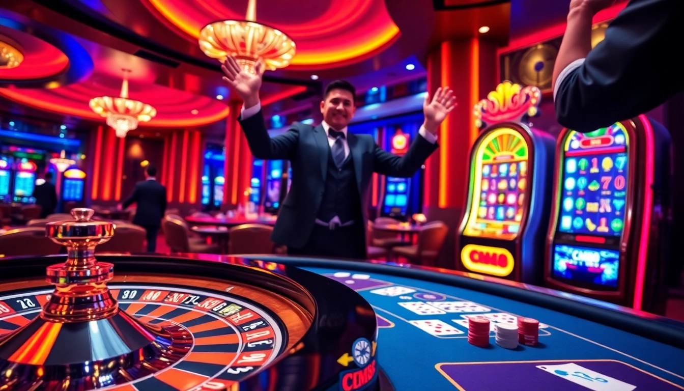 Exciting CM88 đăng nhập experience at a luxurious casino with vibrant gaming elements.